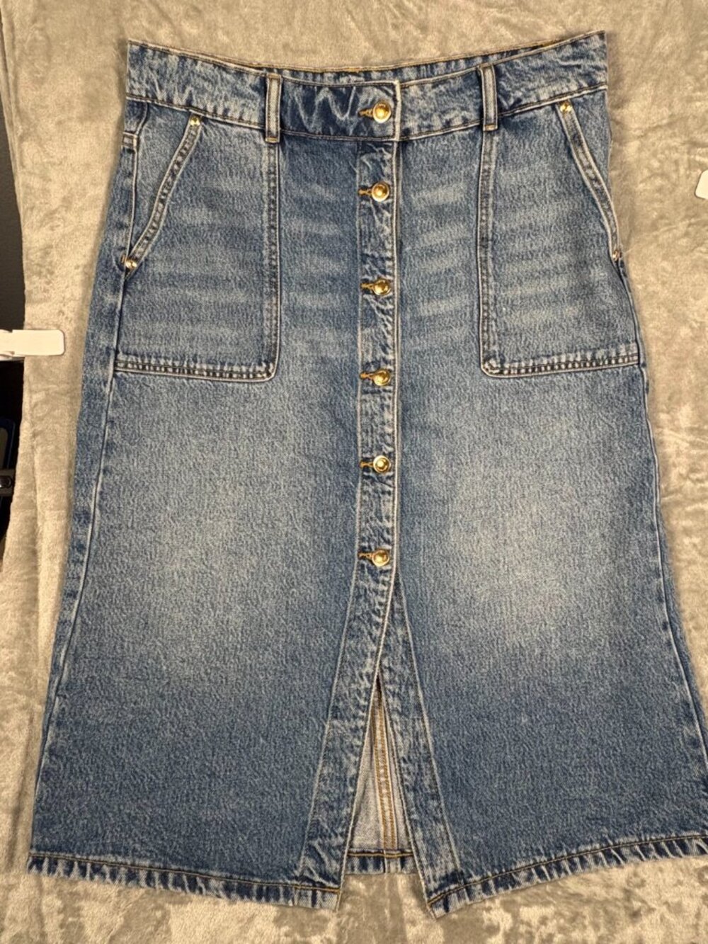 Michael Kors Denim Midi A Line Skirt Gold Tone Button Front SZ 10